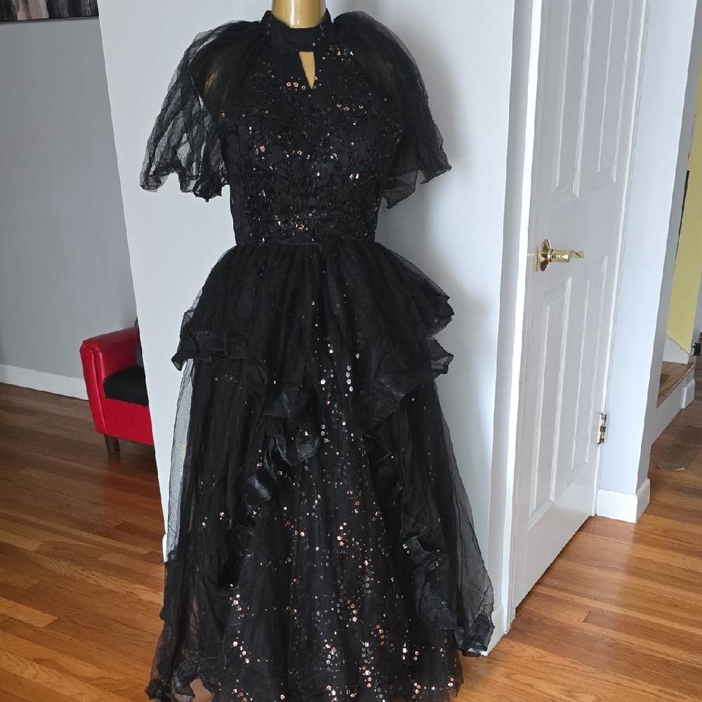 Black Sequin Layered Tulle Evening Gown